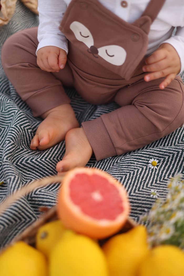 Baby in bear outfit sitting on blanket with lemons and grapefruit, outdoor setting.